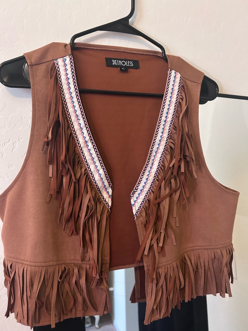 Fringed Suede-Look Vest with Embroidered Trim